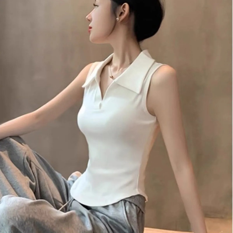 Women's White Sleeveless Polo  - огляд і ціна Tank Top Ribbed